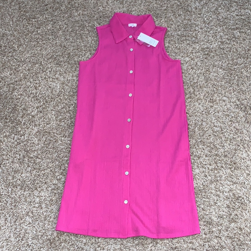 NWT Women’s Kaktus Sleeveless Collated Button-Front Hot Pink Shift Dress Small